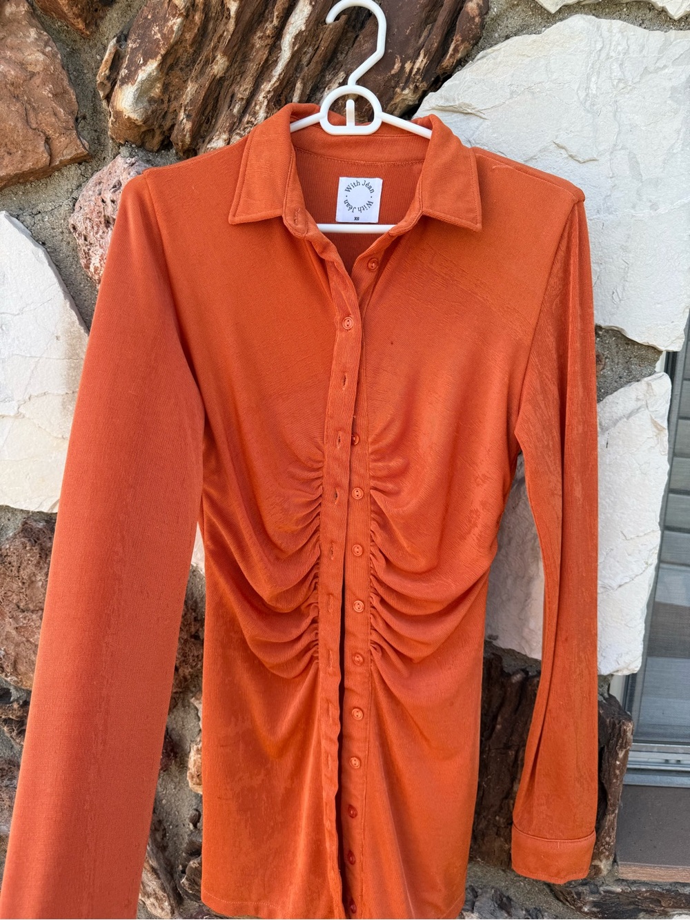 With Jean Orange Ruched Button-Front Dress - Picture 6 of 9